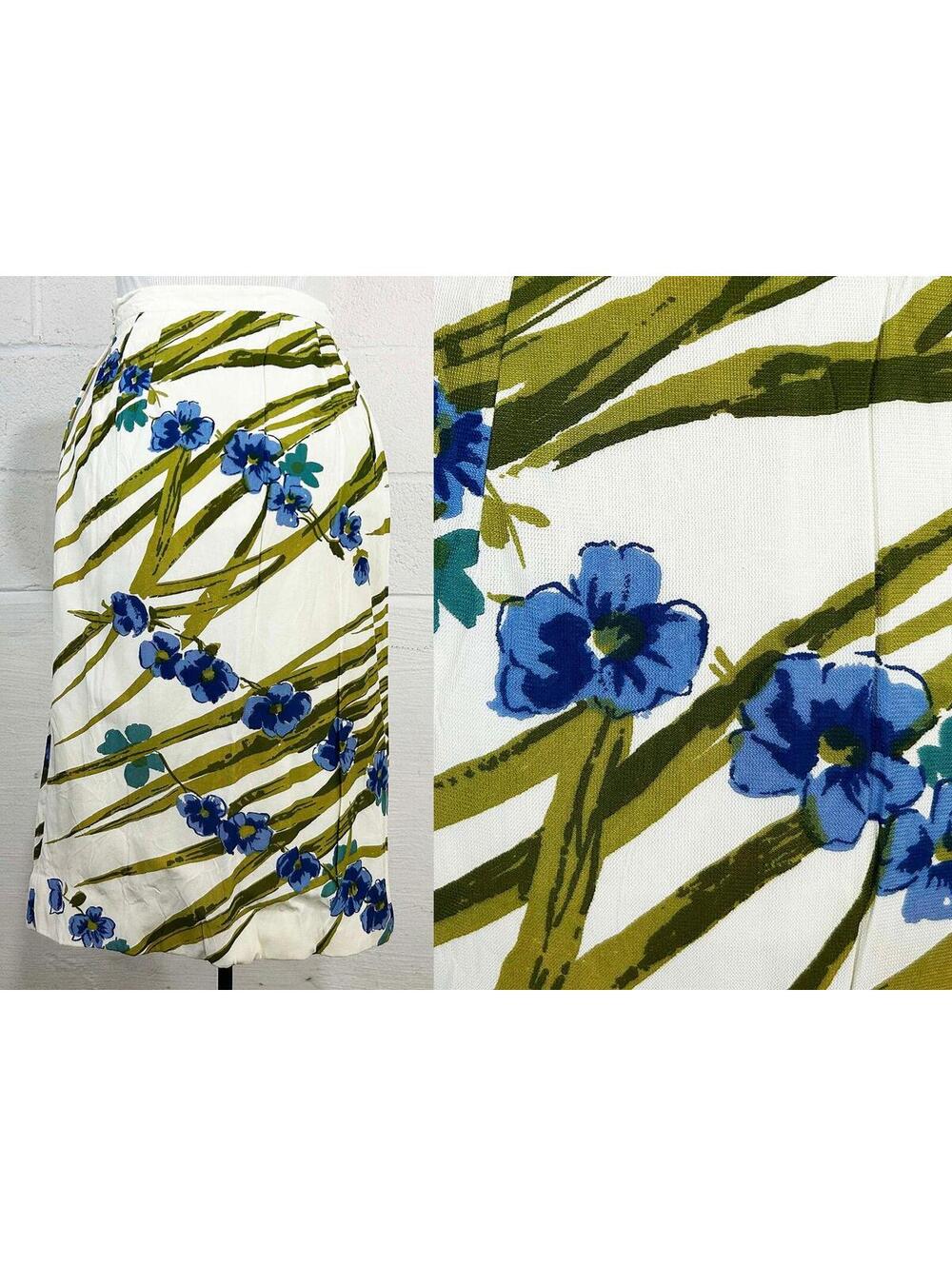 Vintage Floral Pencil Skirt Periwinkle Blue Green White Union Flowers 1960s XS